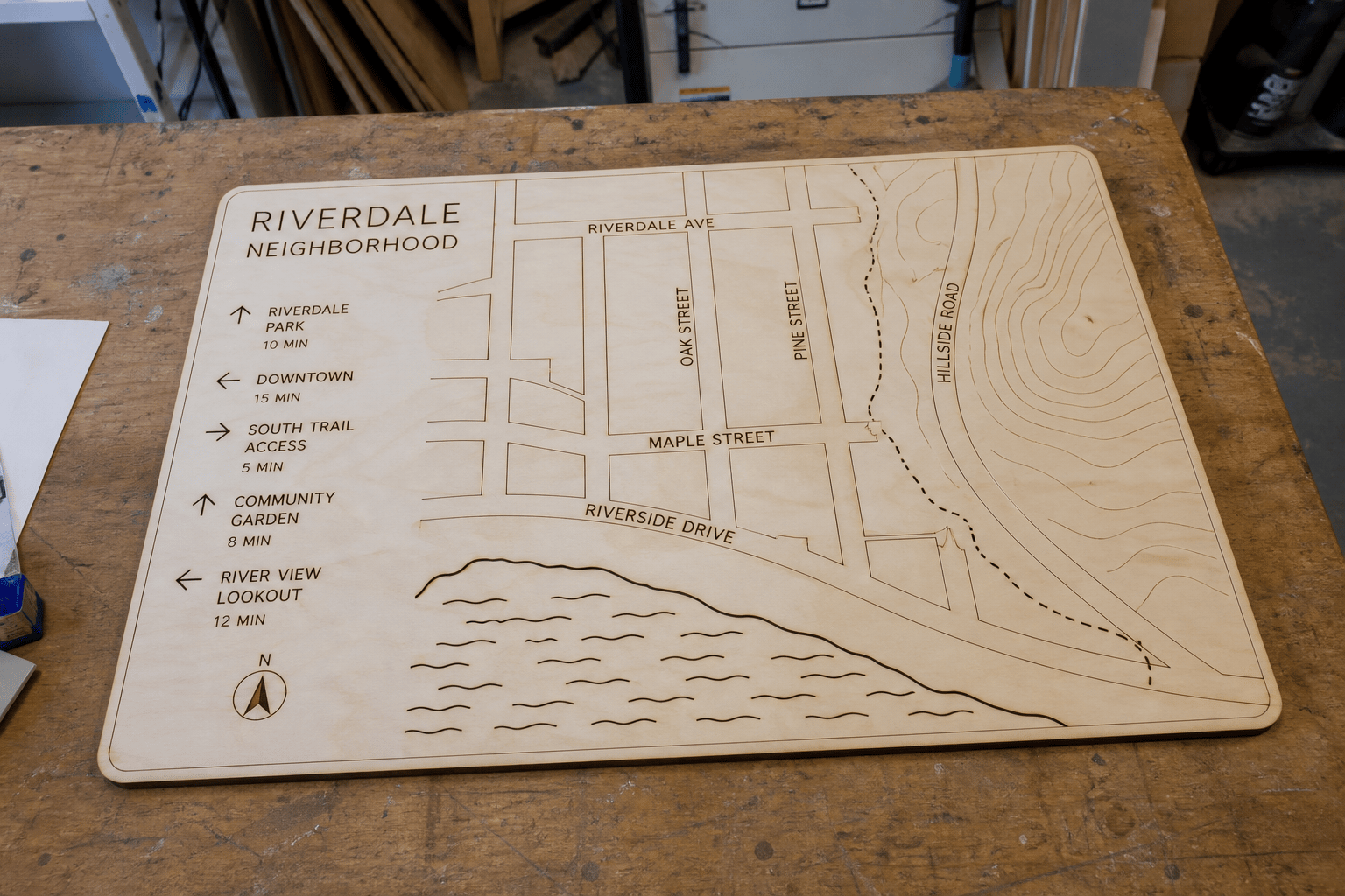 Laser-cut birch plywood neighborhood map on a workbench
