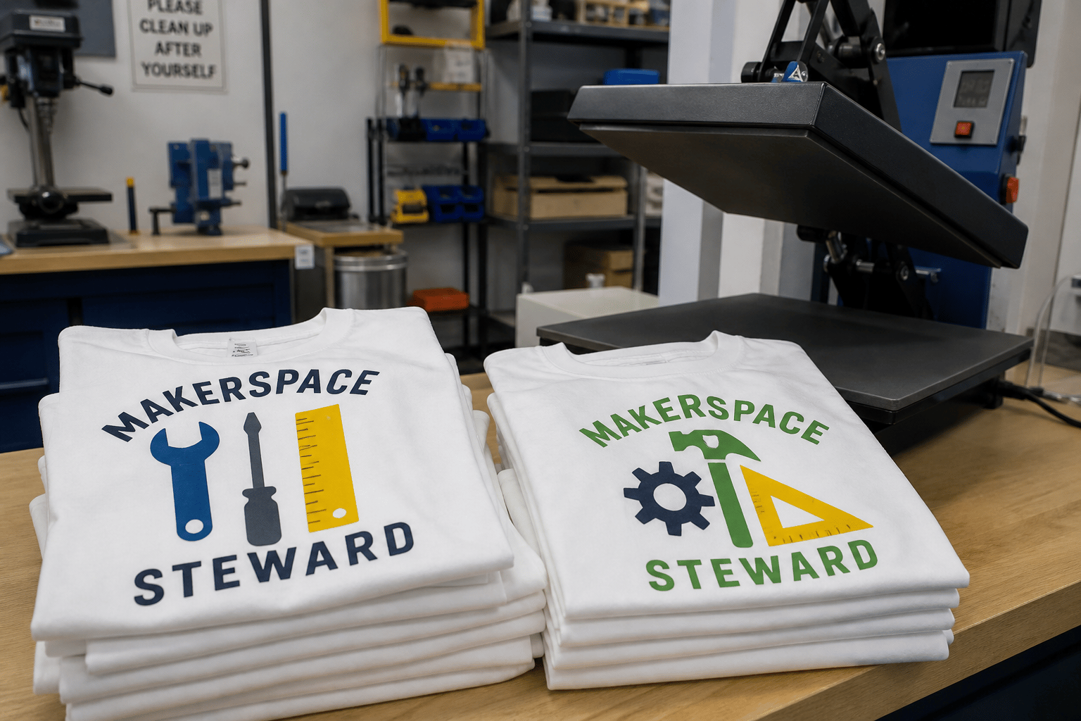 Stack of sublimation-printed volunteer t-shirts by a heat press