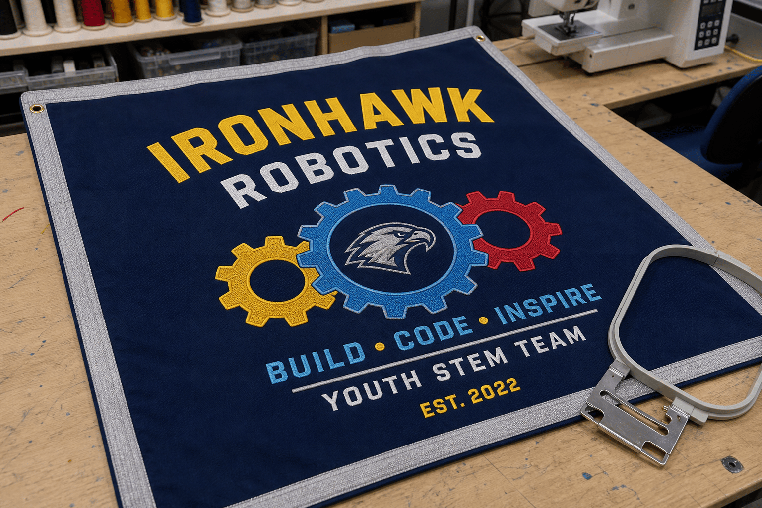 Embroidered and vinyl robotics club banner on a sewing table